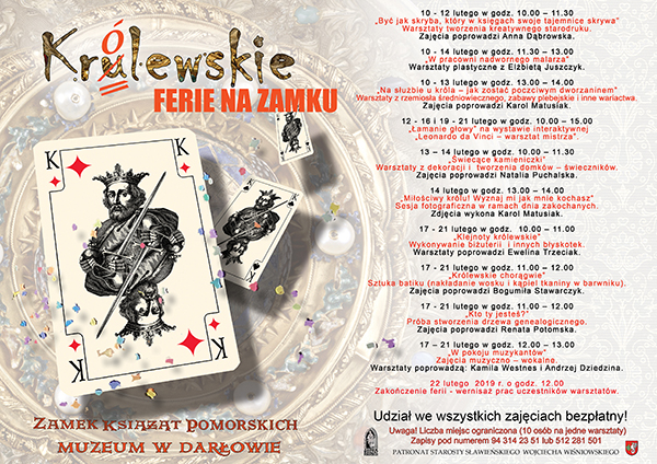 Plakat z programem na Królewskie ferie na zamku w Darłowie