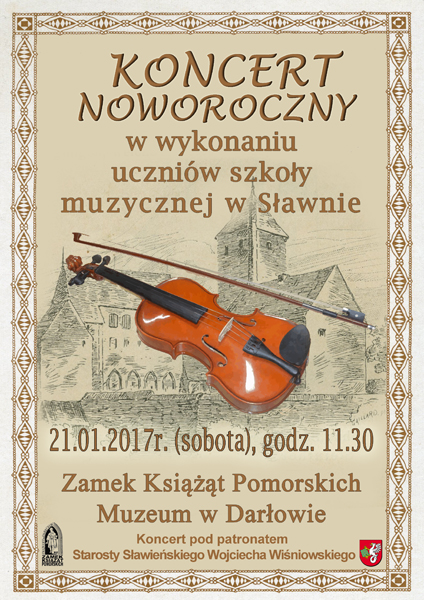 plakat do koncertu noworocznego w wykonaniu uczniów ze szkoły muzycznej w Sławnie